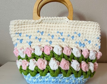 Crothet tulip bag ,crochet tulip-patterned tote bag,knite  bag/tote ,gift,mother’s day gift, birthday day gift,crothet bag,flower