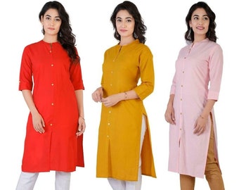 Kurti pour femmes, hauts indiens en coton, longs kurti en coton unis faits main, tenues de soirée pour femmes, costumes pour femmes en coton à bas prix