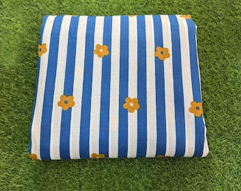 Blue Floral Stripe Cotton Fabric: Indian Dressmaking Sewing Material