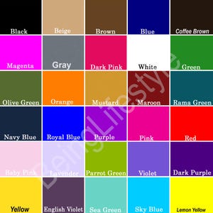 May include: A colour chart with 25 different colours, including black, beige, brown, blue, coffee brown, magenta, grey, dark pink, white, green, olive green, orange, mustard, maroon, rama green, navy blue, royal blue, purple, pink, red, baby pink, lavender, parrot green, violet, dark purple, yellow, english violet, sea green, sky blue, and lemon yellow.