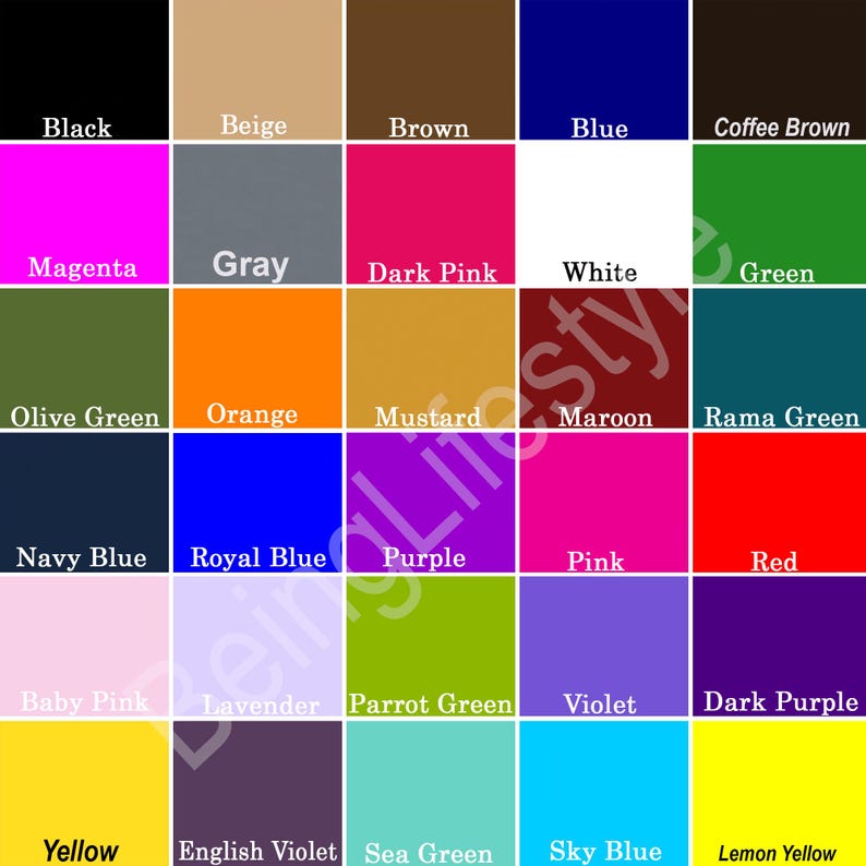May include: A colour chart with 25 different colours, including black, beige, brown, blue, coffee brown, magenta, grey, dark pink, white, green, olive green, orange, mustard, maroon, rama green, navy blue, royal blue, purple, pink, red, baby pink, lavender, parrot green, violet, dark purple, yellow, english violet, sea green, sky blue, and lemon yellow.