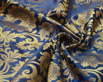 Navy Blue Floral Brocade Fabric: Gold Indian Silk Blend, Bridal Dress Fabric