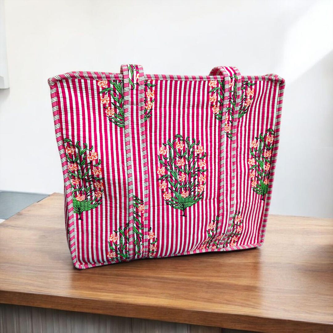 Pink Strip Floral Print Quilted Cotton Tote Bag: Travel Shoulder Bag ...