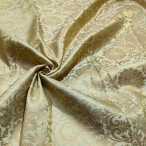 Light Green Brocade Fabric, Green Floral Gold Brocade Fabric For Dresses By The Yards, Indian Gold Brocade Fabric For Bridal Dresses