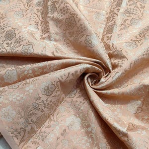 Peach Brocade Fabric, Peach Floral Brocade Fabric For Dresses By The Yards, Indian Brocade Fabric For Bridal Dresses