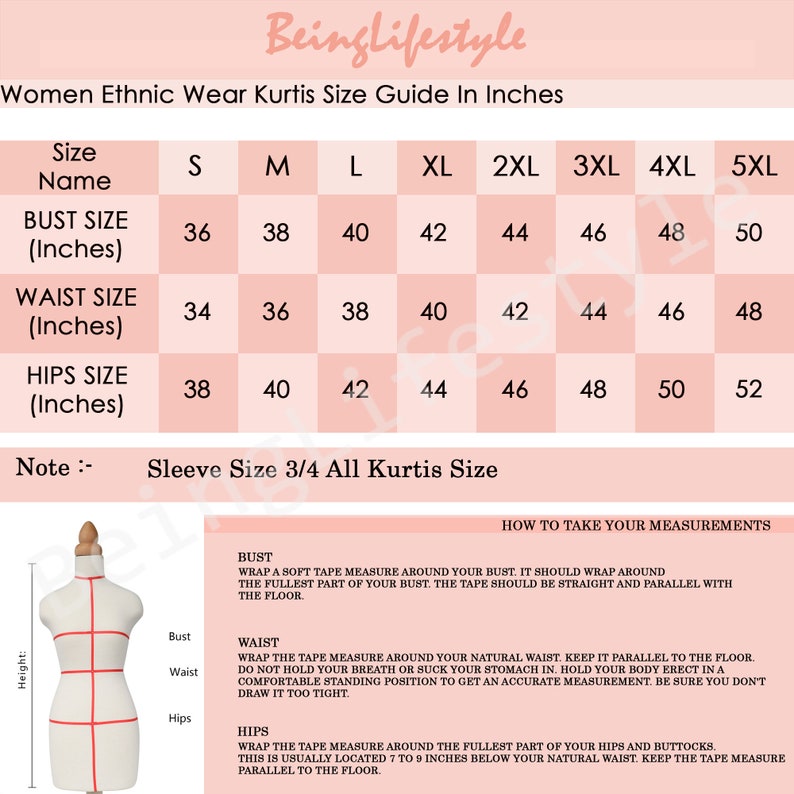 May include: Size chart for women's ethnic wear kurtis in inches. The chart shows bust, waist, and hip measurements in inches for sizes S through 5XL. The chart also includes a note about sleeve size and a section on how to take measurements.