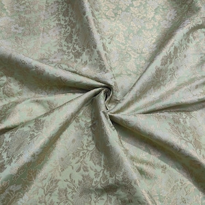 Green Brocade Fabric, Green Floral Brocade Fabric For Dresses By The Yards, Indian Brocade Fabric For Bridal Dresses