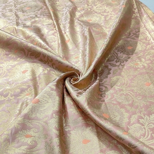 Peach Brocade Fabric, Peach Floral Gold Brocade Fabric For Dresses By The Yards, Indian Gold Brocade Fabric For Bridal Dresses