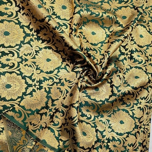 Dark Green Brocade Fabric, Green Floral Gold Brocade Fabric For Dresses By The Yards, Indian Gold Brocade Fabric For Bridal Dresses