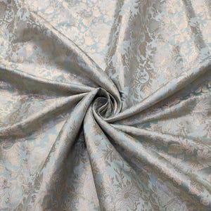 Indian Brocade Fabric For Bridal Dresses,Light Seafoam Green Brocade Fabric, Light Gold Floral Print Brocade Fabric For Dresses By The Yards