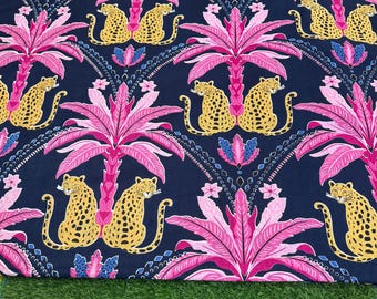Navy Blue Color With Pink Flower Tiger Print Cotton Fabric - Indian Dressmaking Fabric