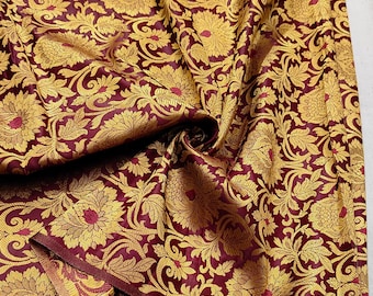 Maroon Floral Gold Brocade Fabric: Indian Bridal Dress Material