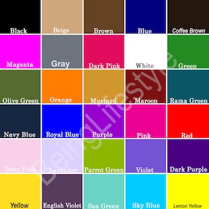 May include: A color chart with 25 different colors, including black, beige, brown, blue, coffee brown, magenta, gray, dark pink, white, green, olive green, orange, mustard, maroon, rama green, navy blue, royal blue, purple, pink, red, baby pink, lavender, parrot green, violet, dark purple, yellow, english violet, sea green, sky blue, and lemon yellow.