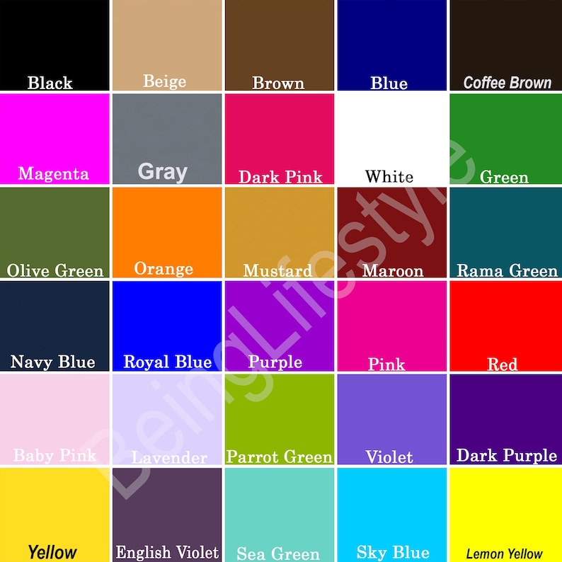 May include: A color chart with 25 different colors, including black, beige, brown, blue, coffee brown, magenta, gray, dark pink, white, green, olive green, orange, mustard, maroon, rama green, navy blue, royal blue, purple, pink, red, baby pink, lavender, parrot green, violet, dark purple, yellow, english violet, sea green, sky blue, and lemon yellow.