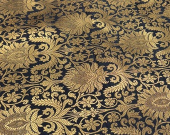Black and Gold Floral Brocade Fabric: Indian Bridal Dress Material