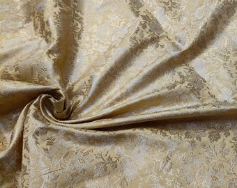 Light Golden Floral Brocade Fabric: Indian Blended Silk, 44" Wide