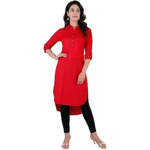 Women&#39;s Kurti, Peter Pan Collar Button Down Dolman Sleeve Long Kurti, Handmade Solid Long Cotton Kurti, Cheap Price Cotton Women&#39;s Kurti