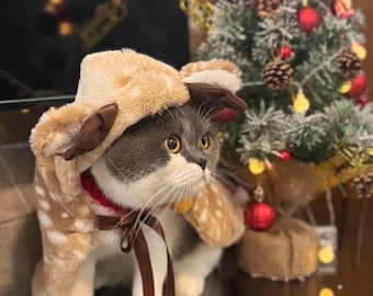 Christmas Pet Cape - Reindeer Costume for Dogs & Cats - Warm Holiday Cape with Hat (Size L: 10-15lbs)