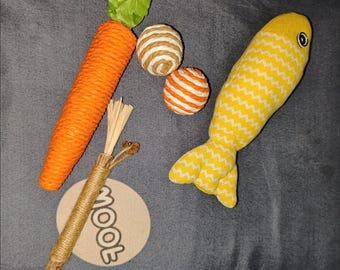 Paquete de juguetes para gatos: pez de menta, palito masticable, bolas de yute y zanahoria: divertidos juguetes para combatir el aburrimiento de gatitos y gatos.