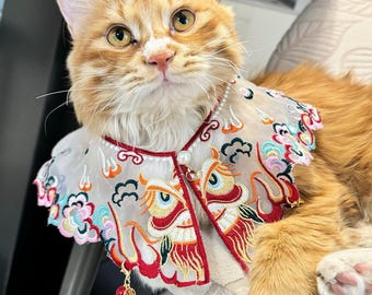 Bufanda Hanfu bordada con león rojo para mascotas: collar tradicional asiático de nube para gatos y perros (6-9 kg)