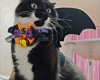 Collar bandana de Halloween para mascotas: disfraz de alas de murciélago y pajarita de encaje