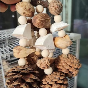May include: A bird toy made of natural materials. The toy features a variety of textures and shapes, including pine cones, wooden beads, nuts, and pieces of dried fruit. The components are strung together with a metal wire.