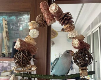 Natural Wood Bird Playground: Foraging Perch, Swing & Seagrass Ball