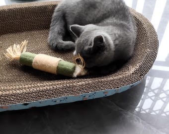 May include: A grey cat playing with a green and brown cat toy in a cardboard cat bed with a blue and white pattern.