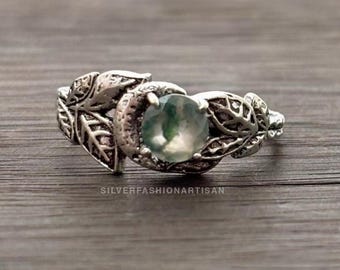 シルバーブランチモスアゲート＆ガーネットリング、925スターリング