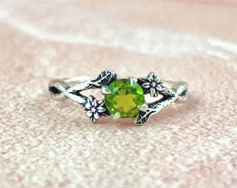 Anello con peridoto naturale, anello in argento sterling 925 ispirato alla natura con foglie, anello gotico, anello di fidanzamento naturale fatto a mano, anello minimalista delicato