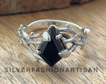 Genuine Black Onyx Kite shape Halloween Silver ring ~ Wedding Proposal Dainty Promise Leaves Ring