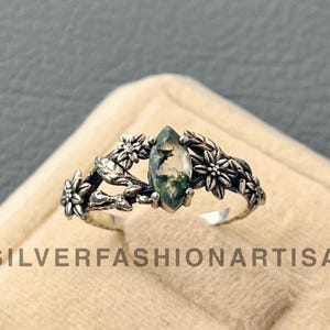Silver Flower Ring, Marquise Cut Moss Agate Ring, Celestial Nature 925 Sterling Silver Ring, Leaves Ring, Wedding Rings, Anniversary Ring