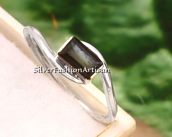 Dainty Black Tourmaline gemstone Ring, Silver Tourmaline Ring, Wedding Engagement Ring, Baguette Solitaire Stacking Minimalist Tiny Small