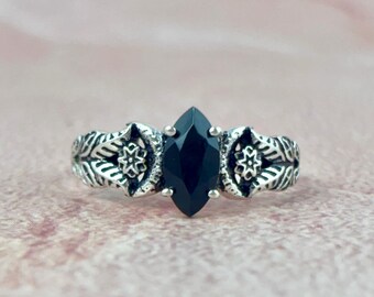 Natural Black Onyx Moon Celestial Ring, 925 Sterling Silver Ring, Leaf Branch Ring, Handmade Ring, Nature Inspire Ring, Birthstone Jewelry