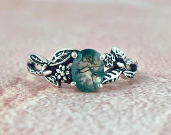 Oval Moss Agate Ring 925 Sterling Silver Branches Ring for Mom, Leaves Celestial Nature Inspired Ring, Healing Crystal Gemstone
