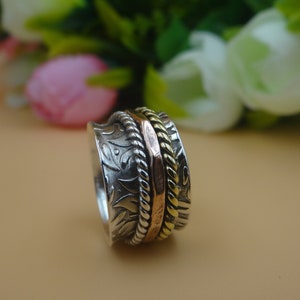 Anxiety Two Tone Fidget Spinner Ring, 925 Sterling Silver Spinner Ring, Worry Ring, Wide Band Spinner Ring, Designer Spinner Meditation Gift