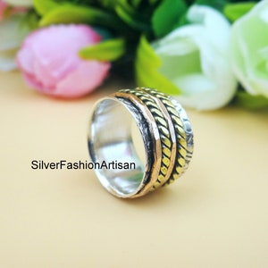 Two Tone Spinner 925 Sterling Silver Spinner Ring For women, 925 Sterling Silver Spinner Ring, Worry Ring,Handcrafted Wide Band spinner Ring