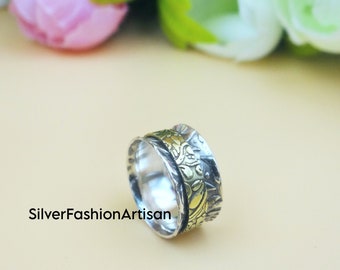 Anillo giratorio con diseño de hojas y flores, anillo de plata de ley 925, anillo de meditación, anillo de pulgar, anillo giratorio de dos tonos, regalo para amigos