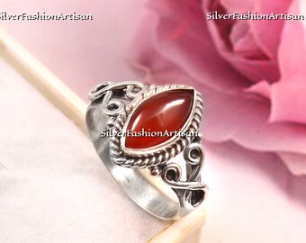 Anillo de granate natural genuino Anillo de compromiso de corte marquesa Sólido Plata de ley 925 Anillo de piedras preciosas de piedra natal de enero Anillo de apilamiento para ella