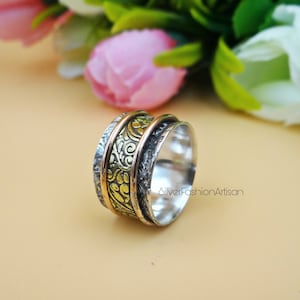 Two Tone Spinner 925 Sterling Silver Spinner Ring For women, Worry Ring, Wide Band Spinner Ring, Meditation Gift Ring, Designer Spinner Ring