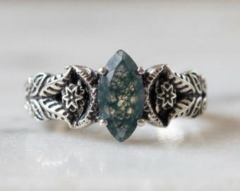 Sterling Silver Moss Agate Ring, Vintage Moss Agate Engagement Rings for Women, Leaf Ring