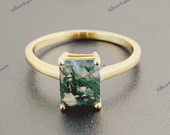 Anillo elegante de ágata musgosa, ágata musgosa verde vintage dorada, anillos de piedras preciosas delicadas, anillo rectangular, anillo de talla esmeralda, regalo de bodas para ella