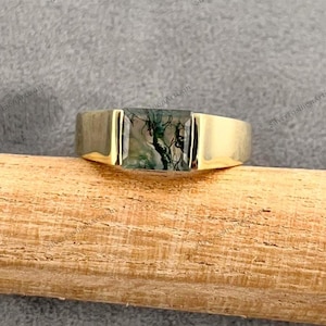 Moss Agate Signet Ring, Natural Square moss agate Emerald Cut Signet Ring, Wedding Band Signet Ring, Handmade Ring, Unique Anniversary Gift