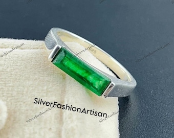 Raw Green Jade Bar Ring, Thin Bar Ring, 925 Sterling Silver, Statement Jewelry, Natural Jade Ring, March Birthstone Jewelry, Gift For Her