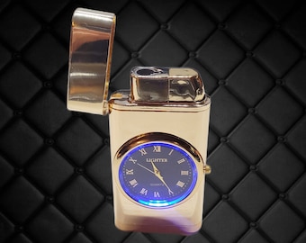 Cigarette Lighter Torch/Clock Quartz Light up Clock-Gold- Light new in box!