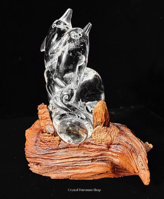Hand-Carved Clear Crystal Dolphin Sculpture on Natural Wood Base - Crystal Art, Home decor
