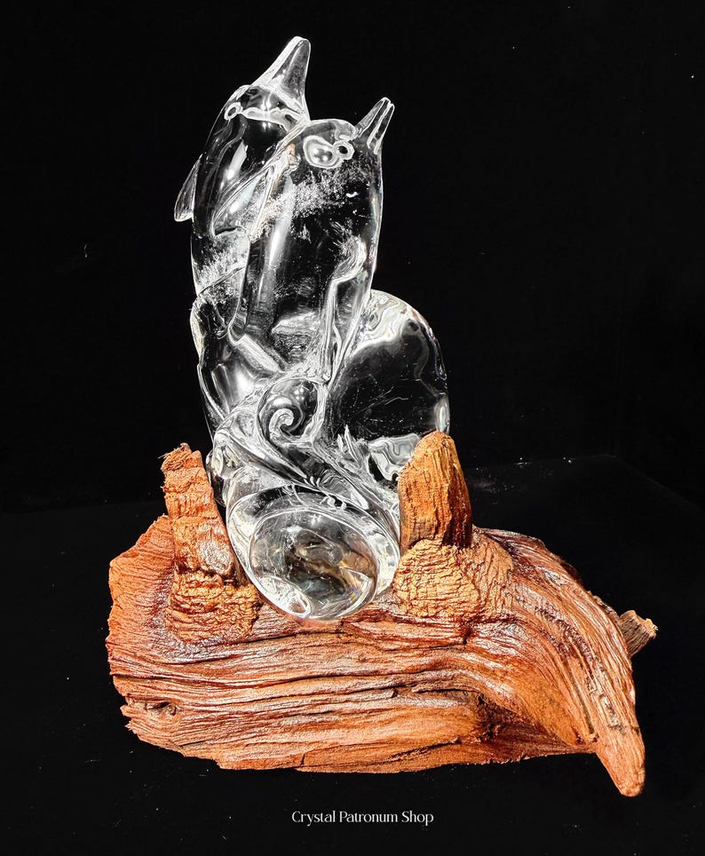 Pode incluir: Uma escultura de cristal transparente de dois golfinhos saltando de uma onda, montada em um peda&ccedil;o de madeira natural, marrom avermelhado. A escultura &eacute; detalhada e transparente, com o texto "Crystal Patronum Shop" na parte inferior.