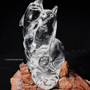 Pode incluir: Uma escultura de cristal transparente de dois golfinhos, um saltando para cima, o outro olhando. A escultura &eacute; montada em um peda&ccedil;o de madeira natural. A imagem est&aacute; em um fundo preto.