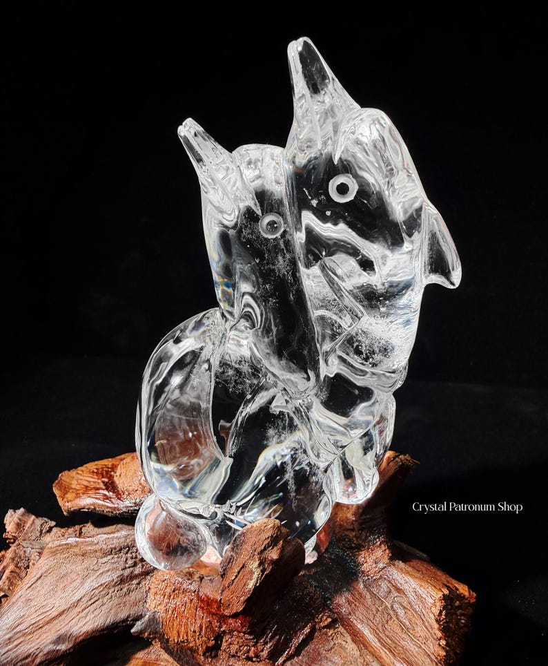 Pode incluir: Uma escultura de cristal transparente de dois golfinhos, com detalhes precisos, repousando sobre um peda&ccedil;o de madeira flutuante. A escultura &eacute; transparente, permitindo a passagem da luz, e est&aacute; sobre um fundo preto. A escultura &eacute; da Crystal Patronum Shop.