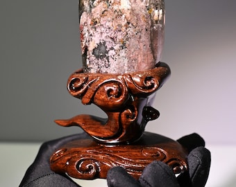 Cristal Lodolite Phantom com suporte em madeira esculpida à mão, estilo jardim de quartzo, para decoração de casa.